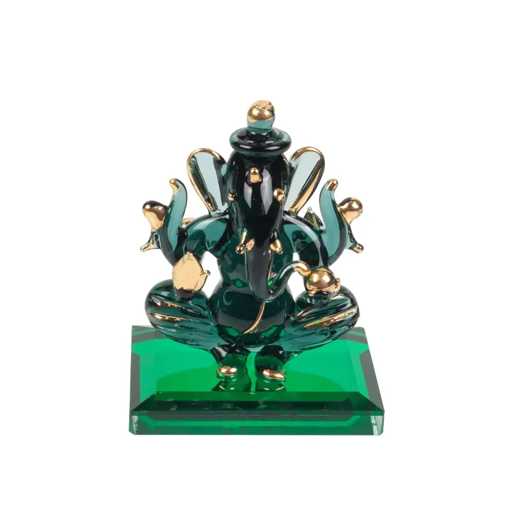 Lightcamp.in-God Ganesh Sitting with Base Statue (Murti) Idol Showpiece Handmade of Crystal Glass by for Worship, Decoration, Car Dashboard, Gift (Dark Green), Small, 5L x 5W x 6.5H Centimeters