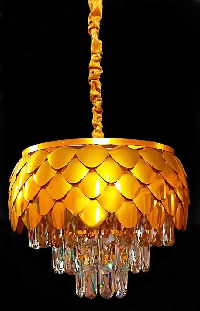 Lightcamp.in-Crystal Chandelier, 40 cm Gold Pineapple Design, Pendant Light Fixture for Dining Room, 3 Tier-K9 Grade Glass Crystal Chandelier with 3 Color.
